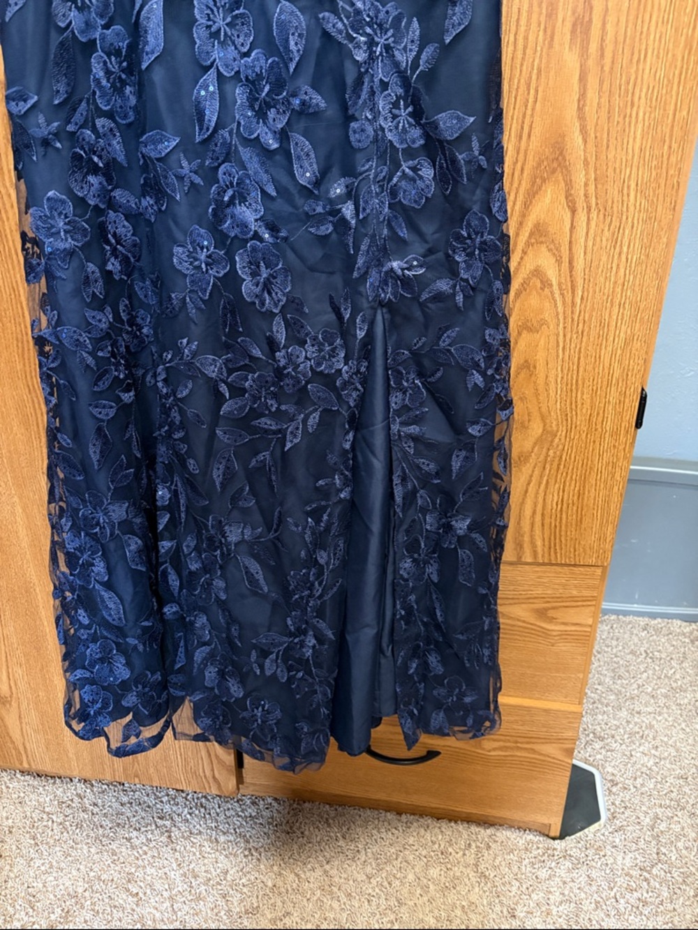 Oleg Cassini Navy Floral Lace Sequence V-Neck Dress - Picture 3 of 5